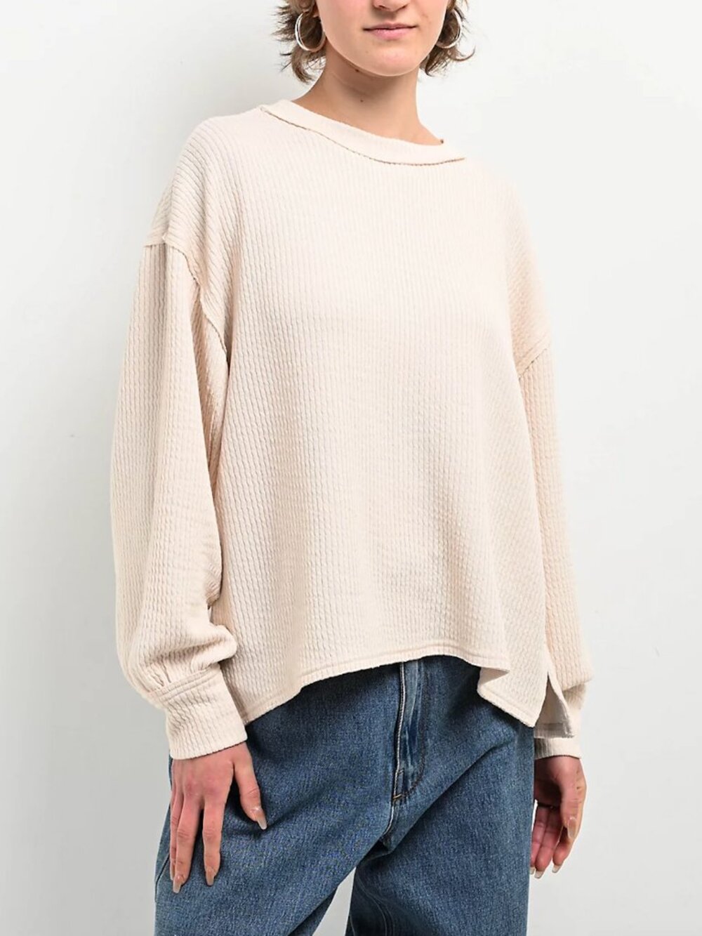 Blu Pepper Ribbed Long Sleeve Large Cream	Crewneck Top